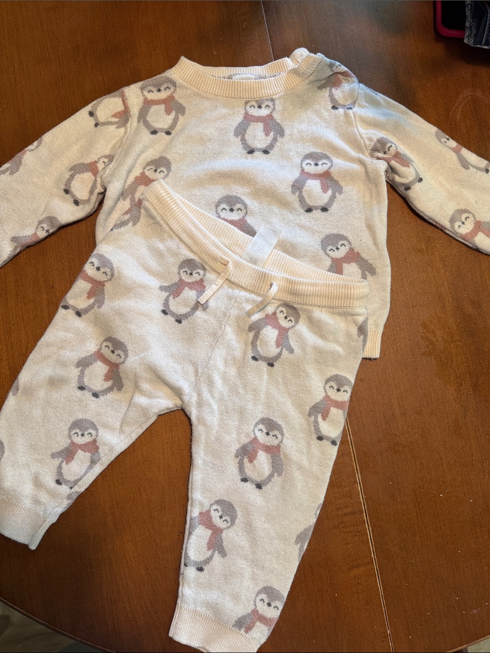 H&M Cream Kids One-Piece Set with Pink-Accent Penguin Print